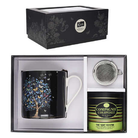 Coffret Mug XL 425mL + Boule + Boite thé vrac 30g Jewels Arbre Papillons